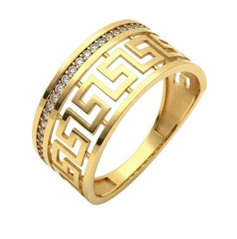 Elegancki pierścionek damski z żółtego złota próby 375, wysadzany cyrkoniami, z motywem greckim. Okazały, błyszczący pierścionek z kolekcji Ornament – idealny na prezent.1.jpg